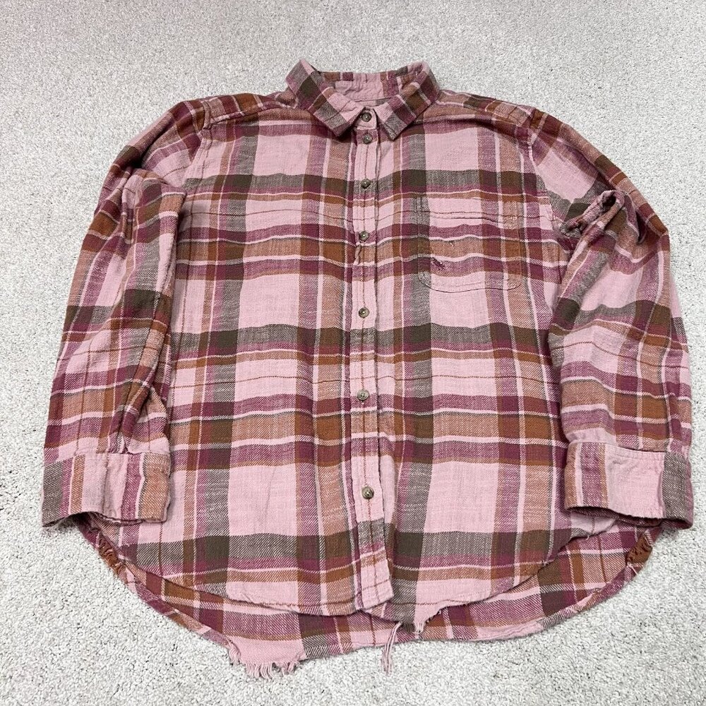 American Eagle Button Up Shirt Multicolored Plaid Long Sleeve Distressed Large